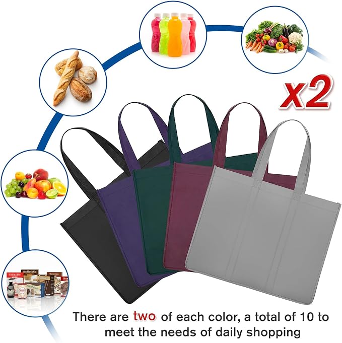 Reusable Grocery Shopping Bags 10 Pack Large Foldable Tote Bags Bulk | Eco Produce Bags with Long Handle for Shopping Groceries Clothes (5 Assorted Colors)