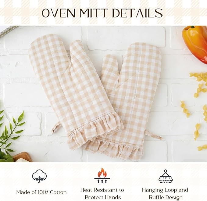Twistover Checkered Oven Mitts 2-Pack Set, Cotton Gloves,Khaki | 13.5x6.5 Inch Size with Ruffle Trim, Non-slip Heat Resistant for Baking BBQ Microwave, Plaid Cotton for Cooking