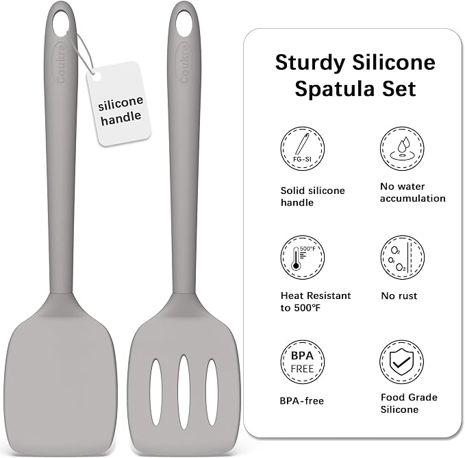 Coukre 2 Pack Silicone Spatula Set,High Heat Resistant, BPA-Free | Dishwasher Safe Kitchen Spatula for Nonstick Pans, Solid & Slotted Turners for Cooking, Sautéing, and Flipping, PureGray