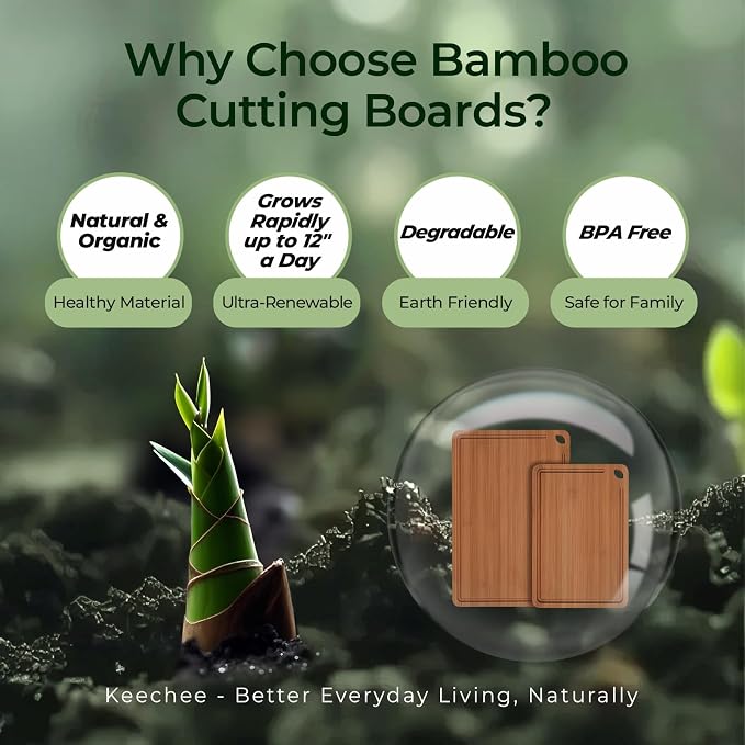 Keechee Carbonized Bamboo Cutting Board Set of 2, Wood Kitchen Boards | Non Toxic, Resisted-Cracking&Curling, Deep Juice Groove, Side Handles,Cross-Laminated Structure, Knife-Friendly