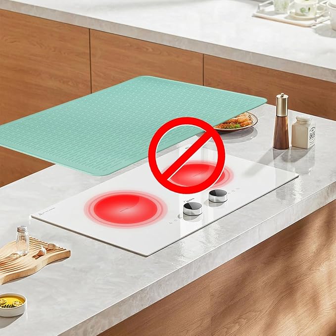 Stove Top Cover for Electric Stove - Food Grade Ceramic Stove top Cover, Silicone XXL Dish Drying Mat, Glass Cooktop Covers, Flat RV Range top Mats (Green Thickened,28x20)