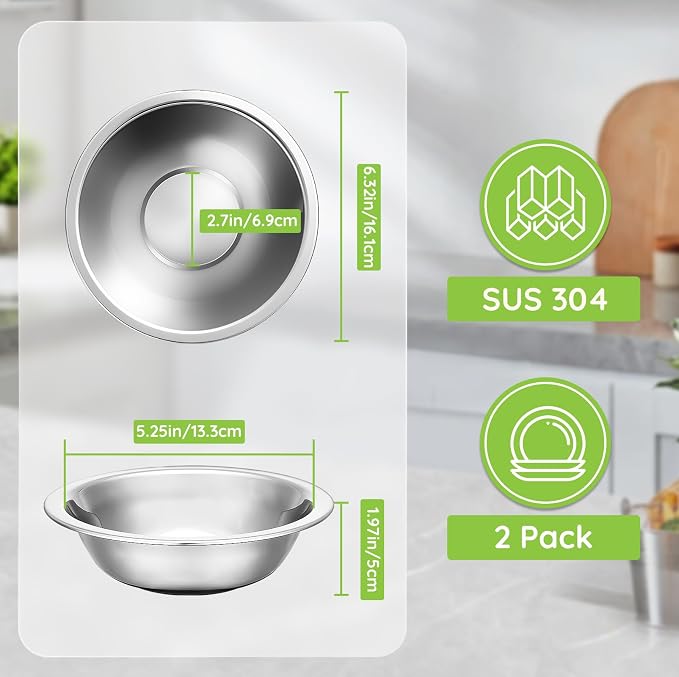 304(18/8) Stainless Steel Mixing Bowls for Kitchen, 2 Pack 6.3" 13.67 fl.oz Small Metal Mixing Bowls Set Stackable for Baking Serving Cooking Food Prep Storage Dishwasher Safe Lightweight