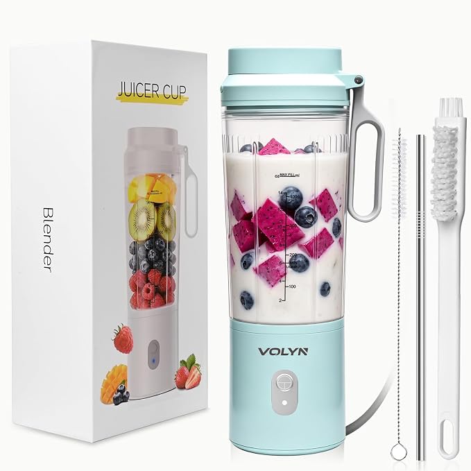 VOLYN Mini Electric Blender Smoothie Maker with Straw & Cleaning Brush | Mini Personal Blender for Fruit Drinks, Smoothies & Milkshakes, Compact Space-Saving Design for Kitchen and Office, Blue