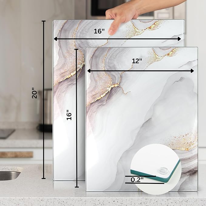 Glass Cutting Board 16"x12": Tempered Glass Kitchen Counter Protector - Durable- Scratch-Resistant, Heat-Proof - Design 7 - White & Gold