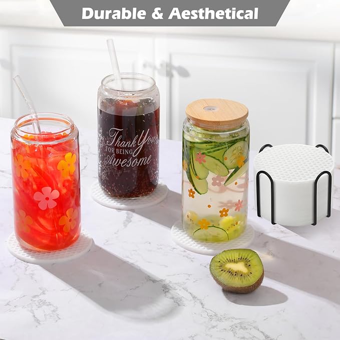 TWTLi Silicone Coasters Set of 6 with Holder — Non-Slip Drink Coasters for Coffee Table, Home Bar & Kitchen, Protects Wood & Marble Surfaces from Water Rings, Dishwasher Safe (White)