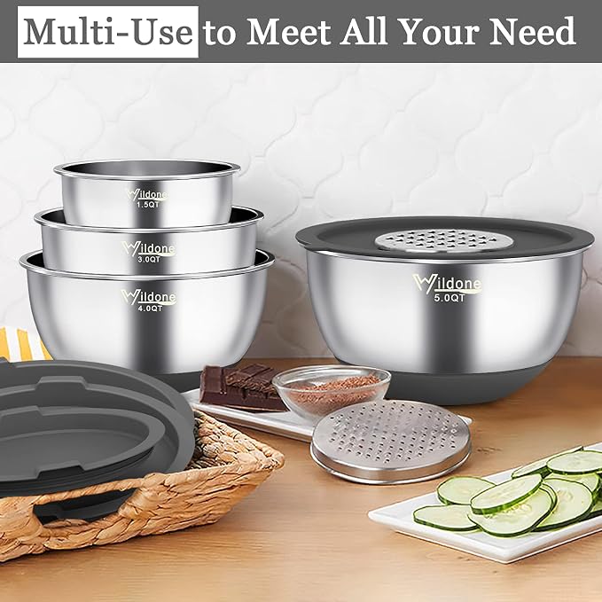 Wildone Mixing Bowls with Airtight Lids, Stainless Steel Mixing Bowls Set | Metal Bowls with 3 Grater Attachments & Non-Slip Bottoms, Size 5, 4, 3, 2,1.5, 0.63QT, Includes Utensil Set for Prep, Gray