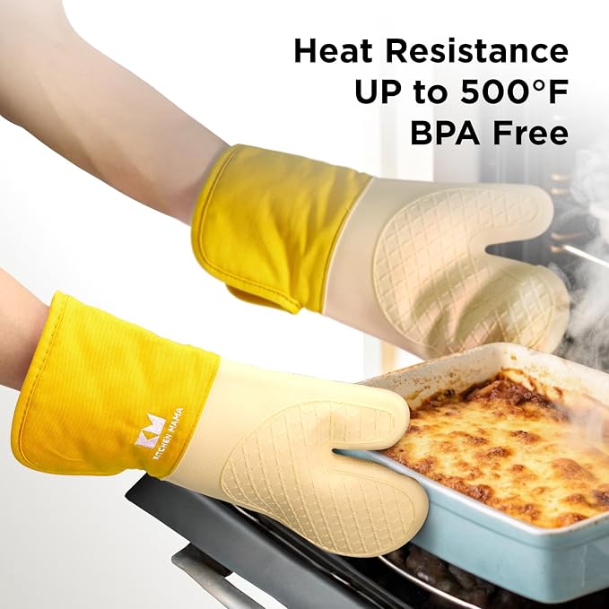 Kitchen Mama UltraShield Silicone Oven Mitts, Yellow | Heat Resistant, Non-Slip Surface, Waterproof, Flexible, Durable
