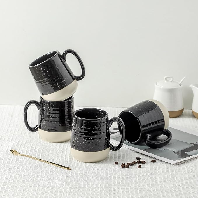 HASENSE Ceramic Coffee Mugs Set, 15 oz Large Coffee Cups Set of 4, Tea Cups with Handle for Men and Women, Latte Mugs for Coffee, Tea, Milk, Hot Chocolate, Microwave Dishwasher Safe, Black