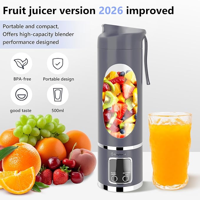EASYSPEED Portable Blender Electric USB-C, 500ML Personal Juicer for Shakes, 12 Blades, 1500mAh Rechargeable, BPA Free, 18oz Small Blender with Leakproof Lid & Sip Spout, Mixing, Compact