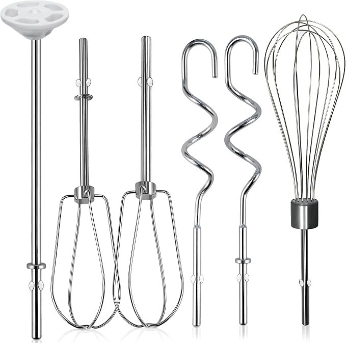 Hand Mixer Beaters Attachments Replacement for KitchenAid KHM Series | Stainless Steel Turbo Beater, Pro Whisk, Dough Hooks & Blending Rod Parts for KHM512 KHM926 KHM7210 KHM6118 (Style C, 6 Pack)