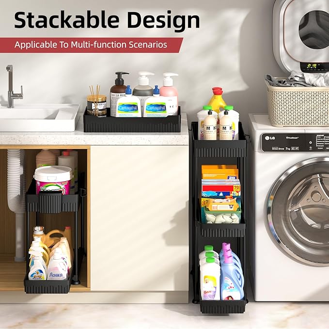 4-Pack 2-Tier Under Sink Organizer with Pull Out Drawers | Multi-use kitchen & bathroom storage. Includes hanging hooks and cups. Black, space-saving cabinet design.