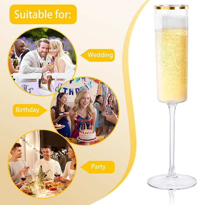 Ciaell 24 Pack Gold Plastic Champagne Flutes for Weddings Birthdays | 6 oz Clear Gold Rim Square Toasting Cups, Heavy Duty Plastic, Champagne Wine Mimosas Cocktails for Anniversaries Parties Bars