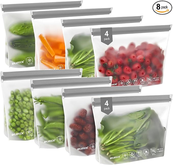 IDEATECH Reusable Freezer Bags Gallon Size, BPA Free Food Containers, Reusable Gallon Bags, Sandwich Bags, Reusable Baggies for Lunch, Travel Healthy Food (Grey, 8Pack-8Gallon)