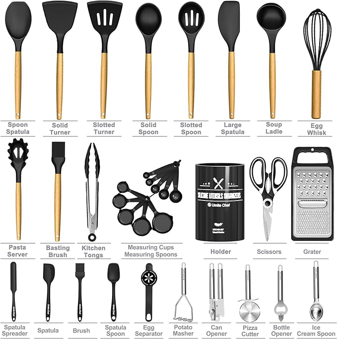 Kitchen Utensils Set- 34PCS Silicone Cooking Utensil with Holder, Umite Chef Heat Resistant Kitchen Spatula Set for Nonstick Cookware, Black Wooden Handles Kitchen Gadgets Tools Set