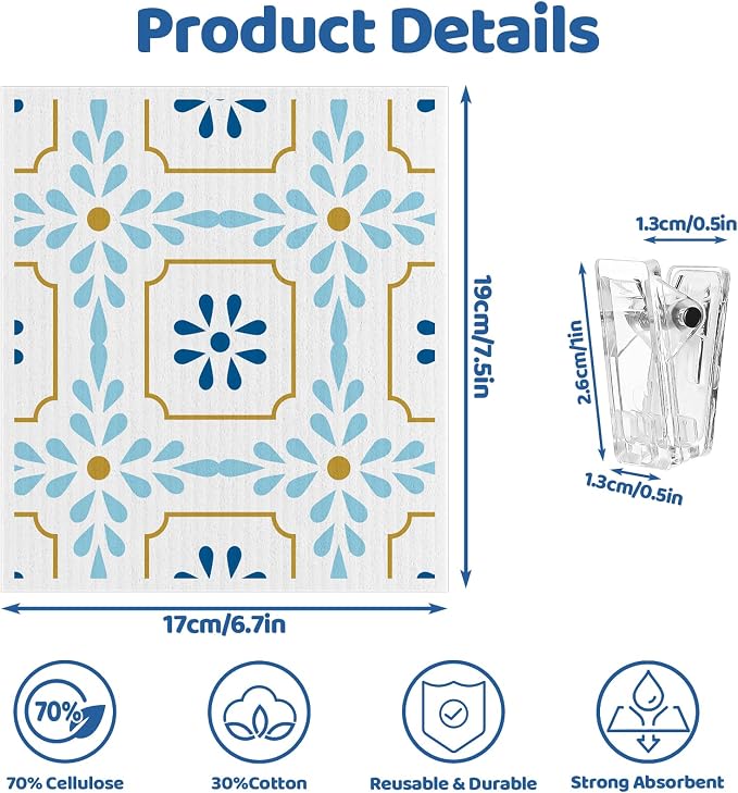 6 Pack Swedish Dishcloths for Kitchen,Swedish Rags Dish Towels with Clips | Reusable Paper Towels Washable Absorbent Cellulose Sponge Cloths for Countertop Dishes Sink Kitchen