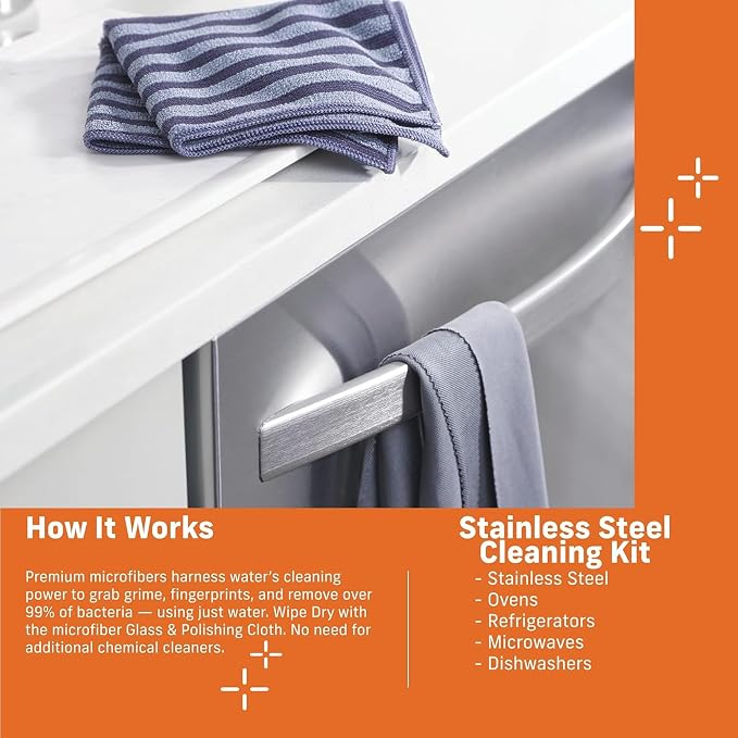 E-Cloth Stainless Steel Cleaning Cloth Pack - Wipes Clean with Water | Glass & Polishing + Stainless Steel Cleaner Cloth for Appliances, Cars & More, Reusable & Washable Towels