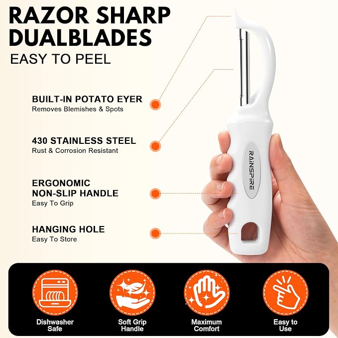Rainspire Vegetable Peeler Potato Peelers for Kitchen, Sharp Stainless Steel Blades Veggie, Comfortable Handle Fruit Peeler, Carrot Peeler Apple Peeler Dishwasher Safe (2, White)