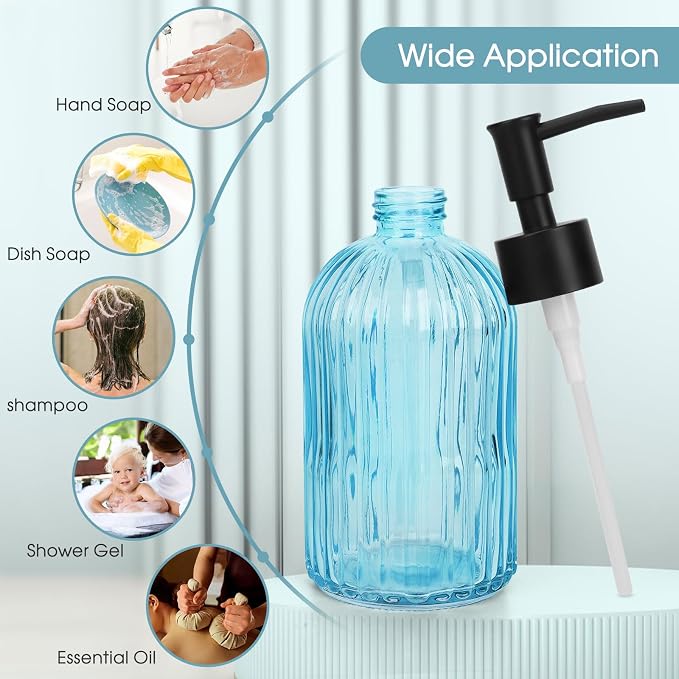 Topsky Stripe Glass Soap Dispenser with Black Plastic Pump, 400ml Liquid Hand Soap Dispenser, Rustproof Pump for Kitchen & Bathroom, Great for Lotions, Essential Oil, Liquid Soaps- (Light Blue)