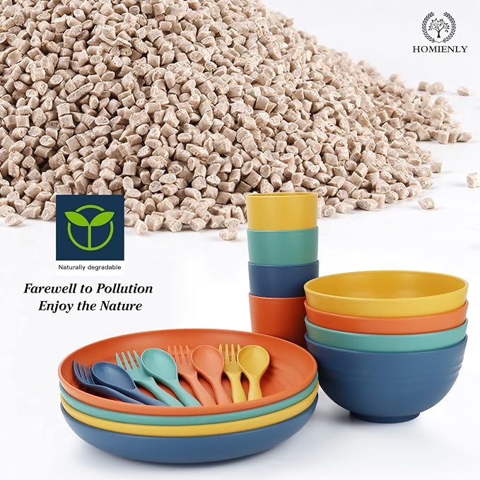 Wheat Straw Plates and Bowls Sets Unbreakable Dinnerware Set 20 PCS Dish Set for Camping, Party, Picnic Microwave and Dishwasher Safe Kitchen Dinner Set Apartment Essentials (Multicolor)