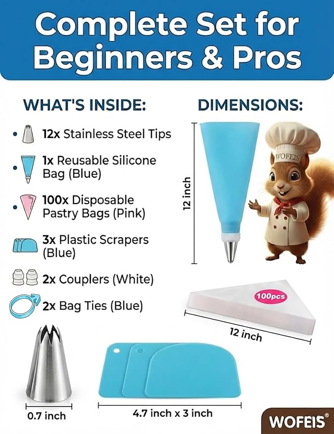 120-Piece Piping Bags and Tips Set with 100 Disposable Bags for Decorating | Thick disposable piping bags, a reusable icing bag and frosting tips create clean cake and cupcake designs with easy cleanup.