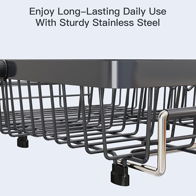 Grey Dish Drying Rack Over The Sink with Utensil Holder | Expandable Stainless Steel Dish Drainer for Small Kitchen, Apartment, RV, Counter Space Saving, Perfect Fit, Rustproof