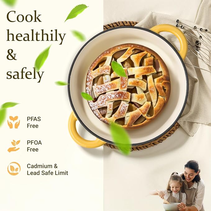 Overmont Enameled Cast Iron Dutch Oven - 5.5QT Pot with Lid Cookbook & Cotton Potholders - Heavy-Duty Cookware for Braising, Stews, Roasting, Sourdough Baking Goose Yellow