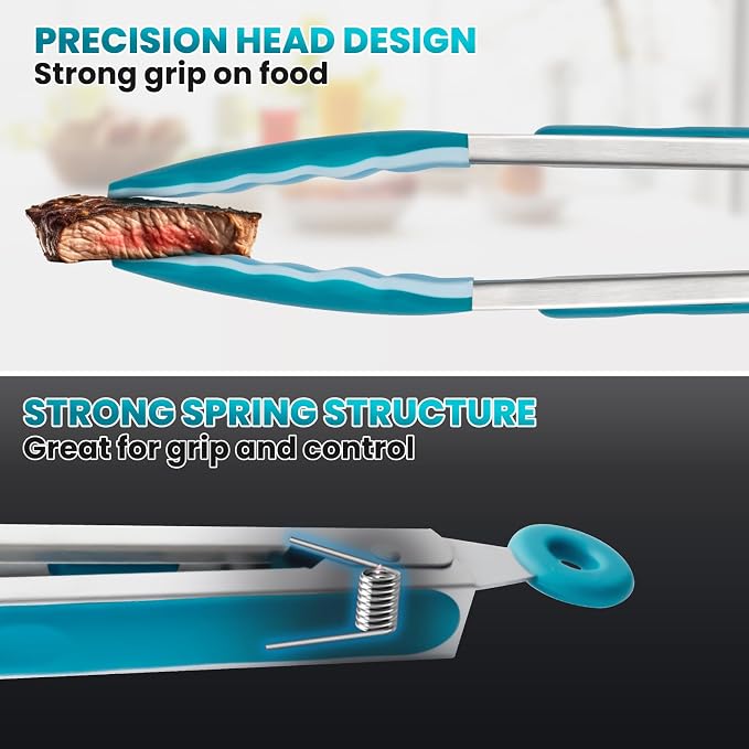 12-Inch Kitchen Tongs for Cooking with Silicone Tip,Turquoise | 600℉ Heat-Resistant,Stainless Steel Locking Cooking Tongs Food Tongs for BBQ/Cooking/Salad/Serving Food,Heavy Duty,Non-Stick