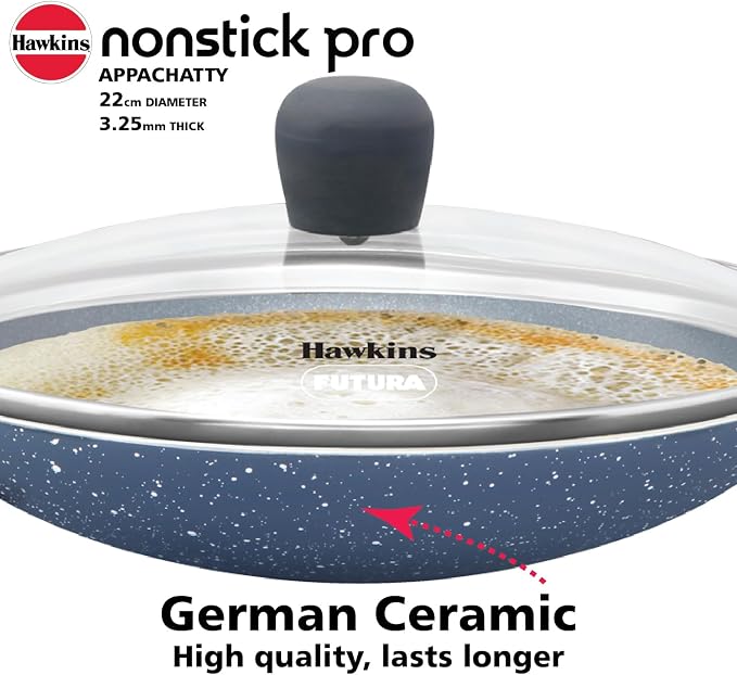 Hawkins Nonstick Pro 0.9 Litre Appachatty, Mini Kadhai, Appachatti, Appachetty, Appam Pot Maker, Deep Fry Pan with Glass Lid, Granite Kadai