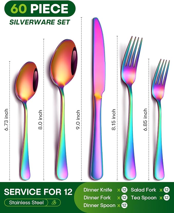 PHILIPALA 60 Piece Rainbow Silverware Set, Stainless Steel Flatware Set for 12 Colorful Novelty Flatware Cutlery Utensil Set Include Knife Fork Spoon Food Grade Mirror Polished Dishwasher Safe