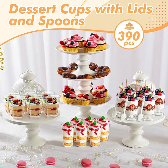 mwellewm 390 Pcs Dessert Cups with Lids and Spoons, 5 OZ Parfait Cups 3 OZ Plastic Desert Cups Clear Mini Shooter Cups for Party Reusable Small Appetizer Serving Fruit Cup Ice Cream Cake Pudding