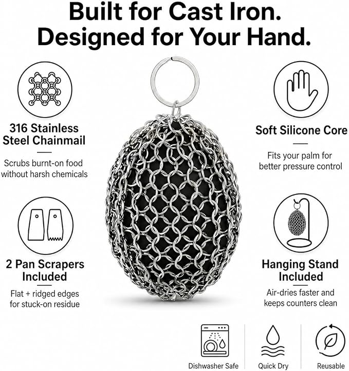 Cast Iron Scrubber Chainmail, 316 Stainless Steel Pot Cleaner with Pan Scraper, Heavy Duty Rust Remover for Cast Iron Skillet, Grill, Dutch Oven – Dishwasher Safe, Heat Resistant Kitchen Cleaning Tool