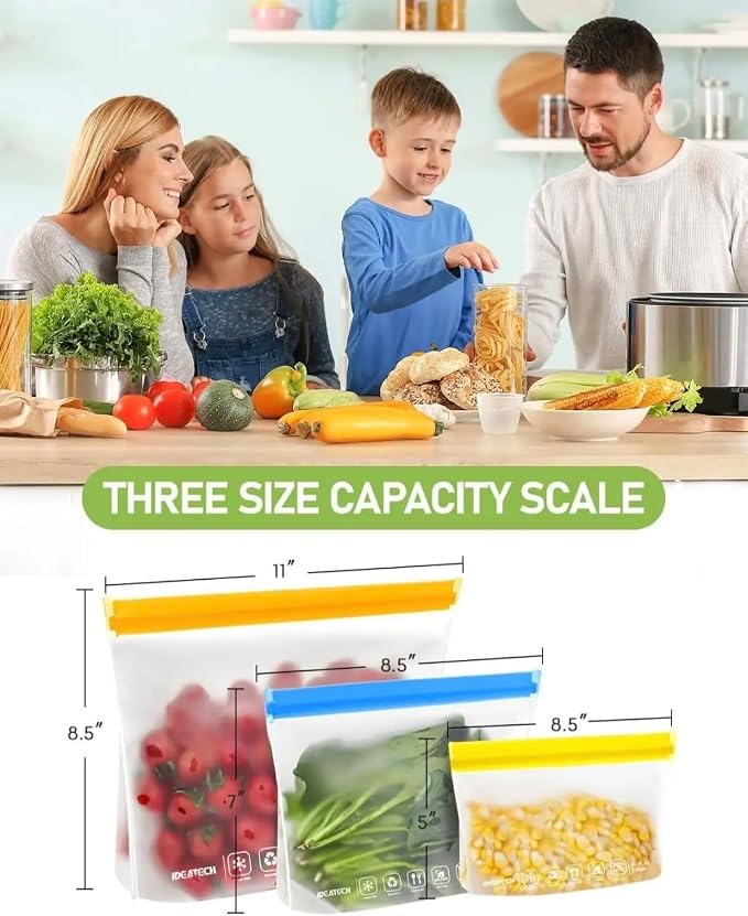 8 Pack Reusable Freezer Bags Dishwasher Safe, BPA FREE Reusable Food Storage Bags, Extra Thick Leakproof Silicon Bags for Marinate Meat, Cereal, Sandwich, Snack, Travel Item