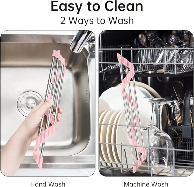 Tomorotec Triangle Foldable Dish Drying Rack, Small Roll-Up Stainless Steel Over Sink Drainer for Kitchen Sink Corner, Rustproof Multipurpose Organizer(Pink) | BPA-Free Food-Grade Silicone Edges Foldable Waterproof Rustproof Heavy-Duty Space Saver Heat...
