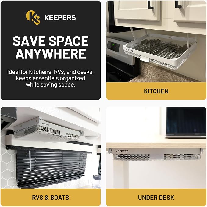 KEEPERS Anything Keeper — Compact 11x10in Under-Cabinet Slide-Out Drawer, Hidden Steel Organizer for K-Cups & Desk Items, RV & Small Kitchen — White