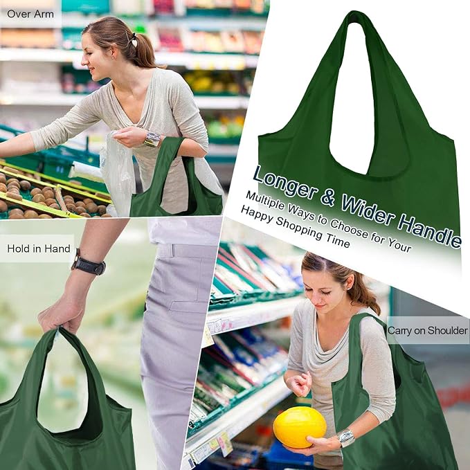 BeeGreen Christmas Green Reusable Grocery Bags Dark Green Reusable Kitchen Bags Bulk Foldable-Machine Washable with Zipper Storage Pouch 50 Packs