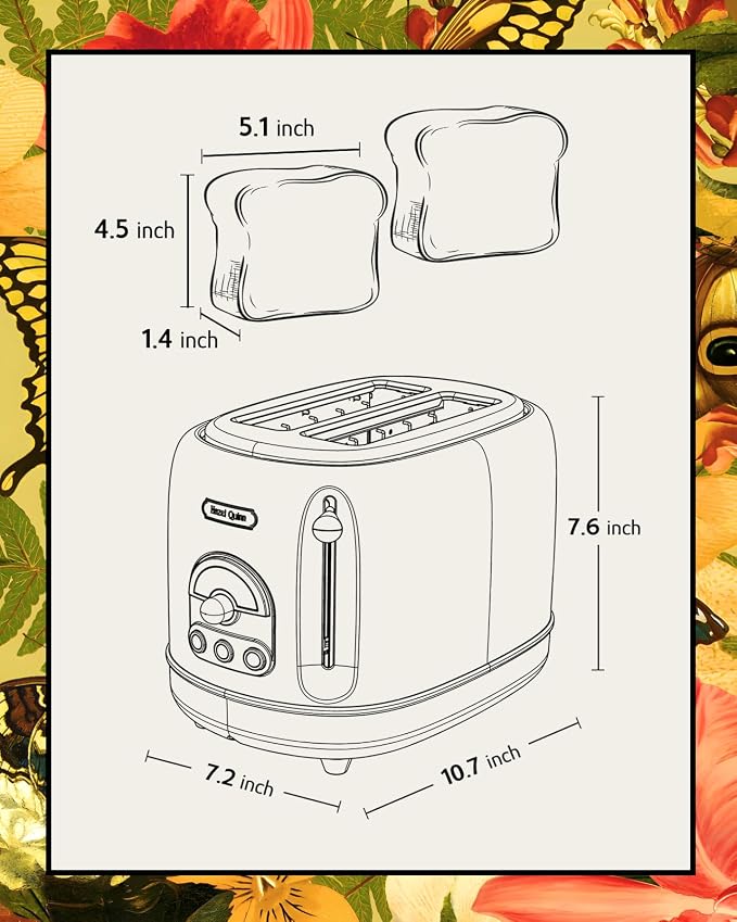 Hazel Quinn X Eduardo Recife 2-Slice Retro Toaster 6 Browning Levels Floral | 3 Functions-Defrost/Reheat/Cancel, Removable Crumb Tray for Easy to Clean 1.5 Inches Extra Wide Slots, Toast Bagels Breakfast