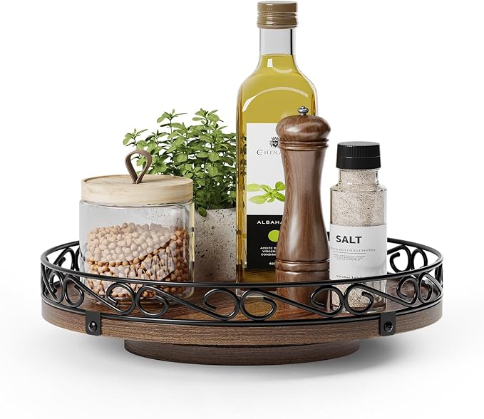 10" Lazy Susan Turntable Organizer for Table Top, Wooden Lazy Susan Cabinet | Farmhouse Rotating Decor Tray for Dining Table, Pantry, Kitchen Countertop, Spice, Bathroom Vanity, Round Patterned Rim,Brown