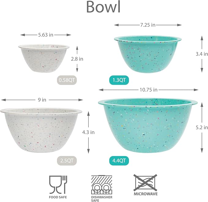 Confetti Melamine Mixing Nesting Bowls Set, 4 Piece 18oz to 4qt Mint | Colorful Kitchen Bowls (18oz, 1.25QT, 2.5QT, 4QT) - BPA-Free, Dishwasher Safe, Space-Saving