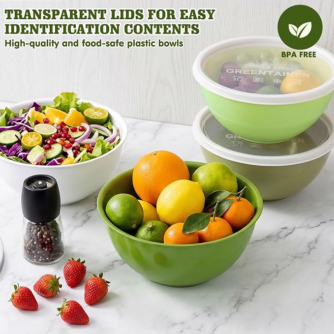 Greentainer 4-Piece Plastic Mixing Bowl Set with Lids for Kitchen, 67oz Lightweight Storage Bowls, Large Salad Bowls for Baking, Prepping, Cooking and Serving Food, Dishwasher & Microwave Safe