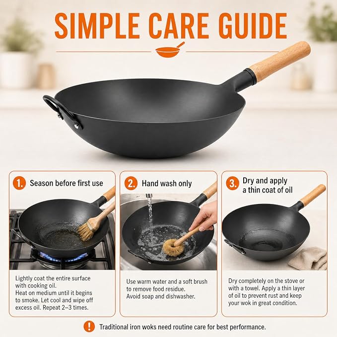 WANGYUANJI 13.4 Inch Round Bottom Carbon Steel Wok, Nitrided Iron Chinese Stir Fry Pan for Gas Wok Burner, Wok Ring Needed for Flat Gas Grates, Wooden Handle
