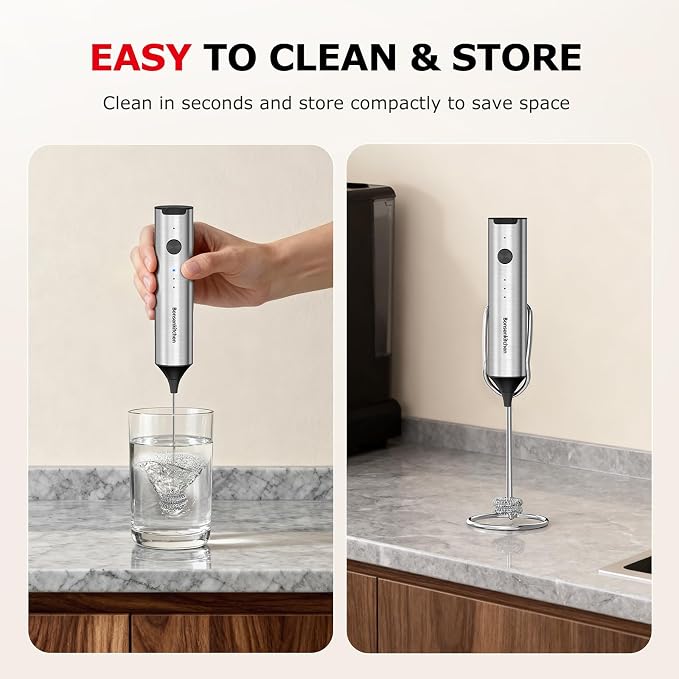 Bonsenkitchen Rechargeable Milk Frother with Stand, 3-Speed Handheld Coffee | Dual Spring Whisk Electric Hand Frother Wand Drink Mixer for Lattes Cappuccino Protein, Kitchen Gifts