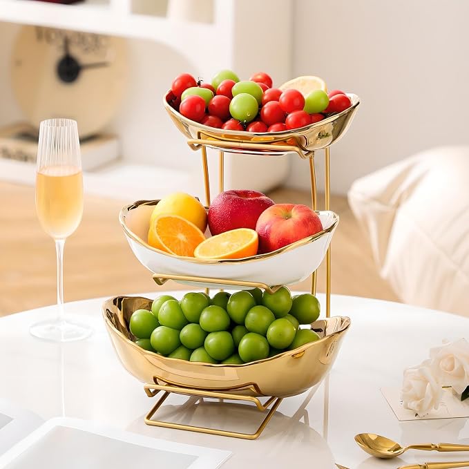 Gold Silver Fruit Bowl with Metal Stand, 3 Tier Ceramic White Fruit Bowl Fruit Rack for Kitchen Counter, Tiered Fruit Basket for Snacks Bread Candy Storage (Gold (Smooth Surface))