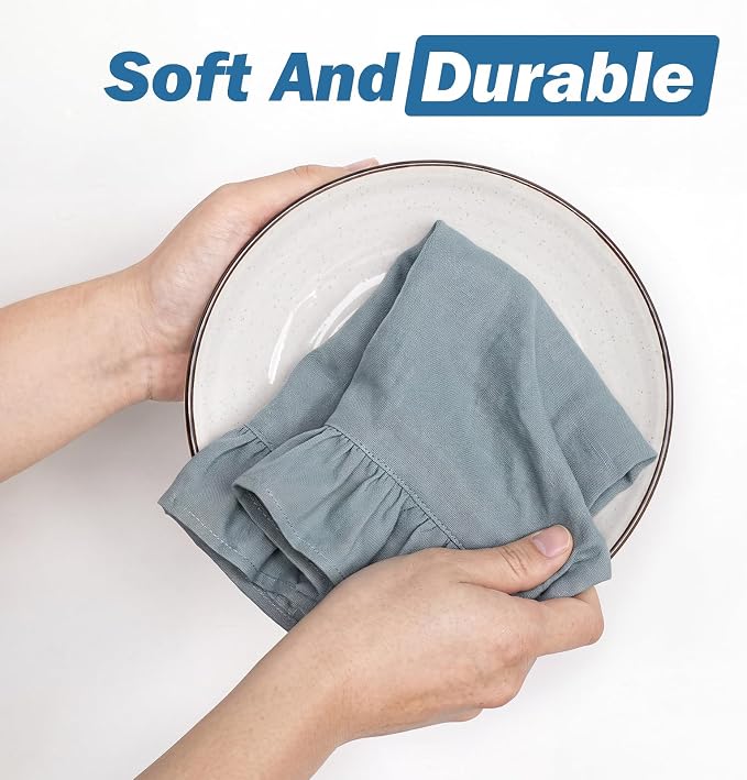HunnmingRe Dusty Blue Kitchen Towels Set of 2, 100% Cotton Retro Ruffled Dish Towels 18"x28" Absorbent Tea Cloths for Farmhouse Charm, Drying Dishes, Entertaining Guests