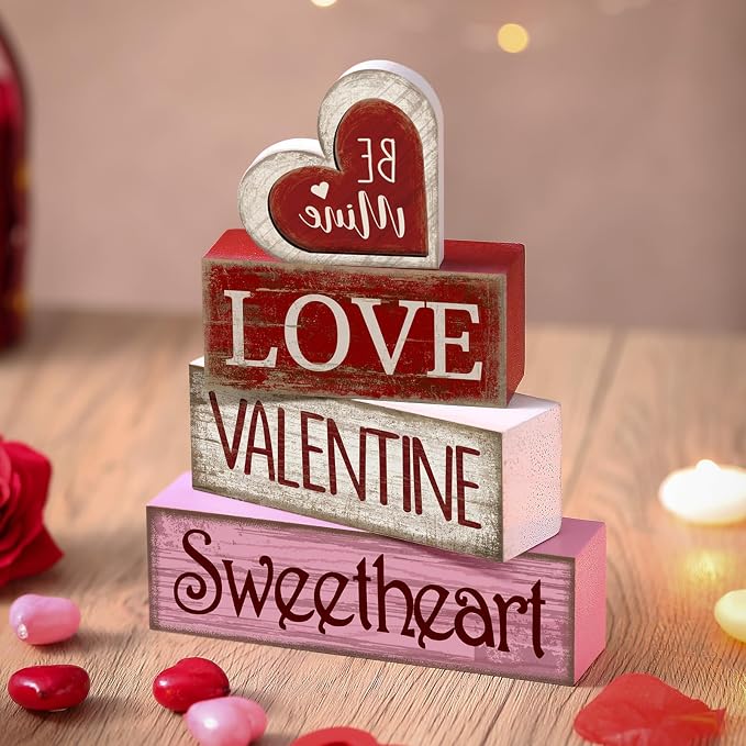 Lineshading 4 Pcs Wooden Valentine Block Signs Tiered Tray Decor