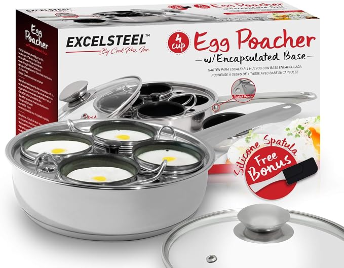 EXCELSTEEL Non Stick Easy Use Rust Resistant Home Kitchen Breakfast Brunch Induction Cooktop Egg Poacher, 4 Cups, 18/10 Stainless Steel