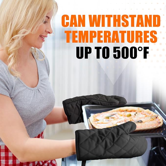 Silicone Oven Mitts, Heat Resistant 2PCS Oven Mitts with Soft Cotton Lining, Waterproof Non-Slip Grip Oven Glove, Kitchen Potholder Mits for BBQ, Baking, Cooking, 10.5Inch - Dark Black
