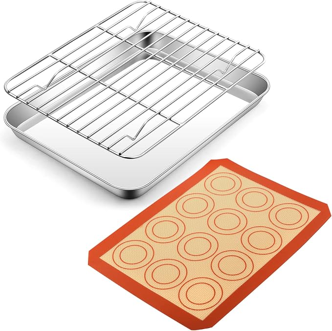 P&P CHEF 9 Inch Baking Sheet Pan Cooling Rack with Mat Set for Cookie | Stainless Steel Cookie Pan with Cooling Rack and Silicone Mat for Baking & Roasting, Oven & Dishwasher Safe, Easy Clean