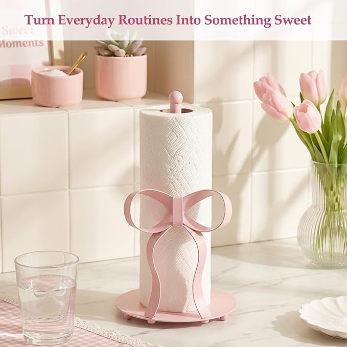 Pink Bow Paper Towel Holder Coutertop - Bow Accent Paper Towel Holder, Pink Kitchen Decor and Accessories, Coquette Room Decor Girly Gifts for Women, 3D Handmade Pattern, Weighted Base