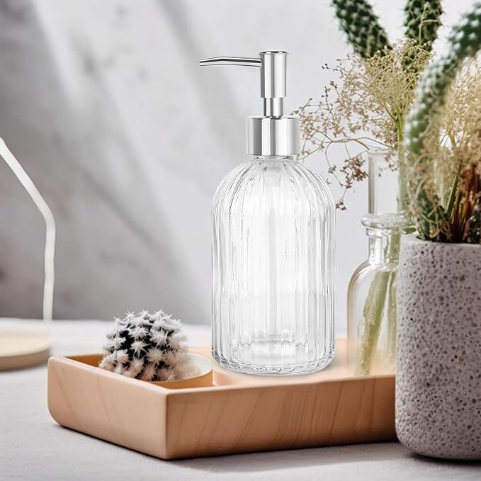 Topsky Stripe Glass Soap Dispenser with Plastic Pump, 400ml Liquid Hand Soap Dispenser, Rustproof Pump for Kitchen & Bathroom, Great for Lotions, Essential Oil, Liquid Soaps,Transparent