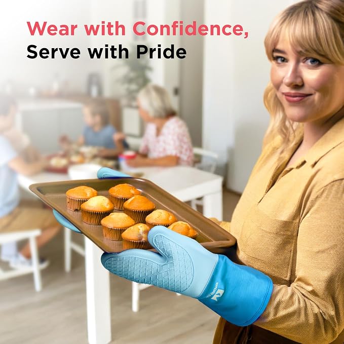 Kitchen Mama UltraShield Silicone Oven Mitts, Blue | Heat Resistant, Non-Slip Surface, Waterproof, Flexible, Durable